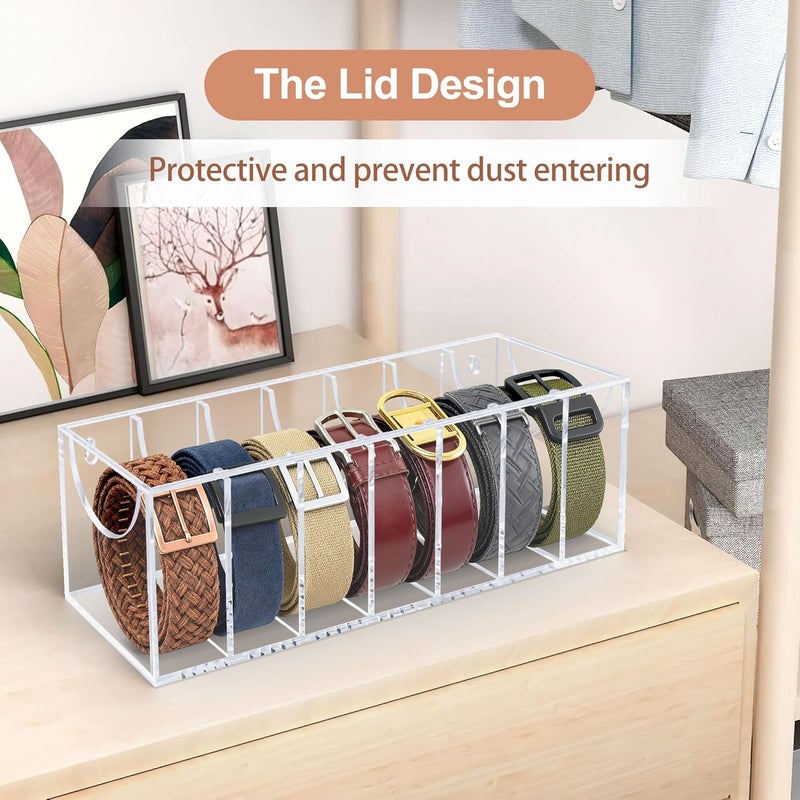 Oubou Store Belt Organizer, Acrylic Belt Storage Organizer for Closet with Dust Cover and Drawer,7 Compartments Transparent Display Case for Belts - Image 5